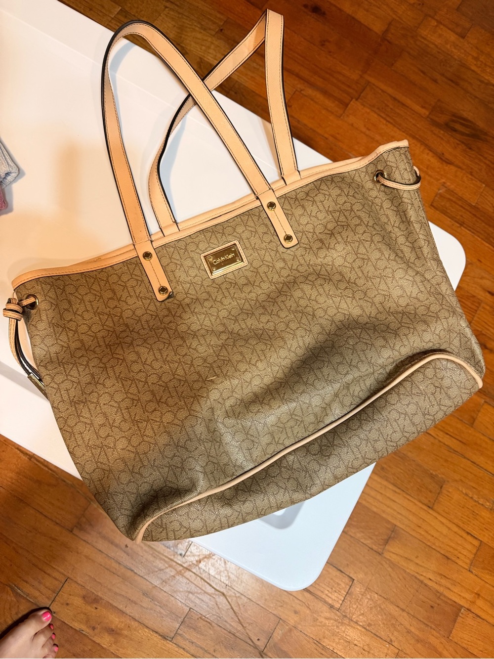 Calvin Klein Tan Logo-Print Tote with Cream Trim